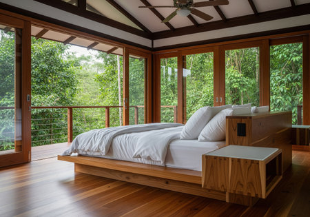 Modern wooden bedroom with large glass sliding doors opening to green tropical jungle forest, luxury eco resort interior design.の素材