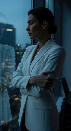 Serious businesswoman in white suit standing with crossed arms near office window at night, looking at city lights reflection.の素材