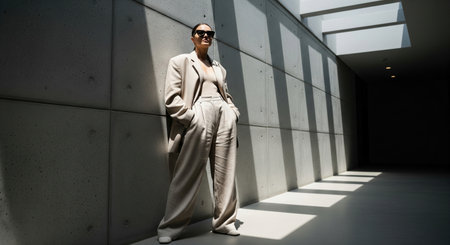 Fashionable woman in beige oversized suit and sunglasses leaning on concrete wall in sun light, posing in modern architectural space.の素材