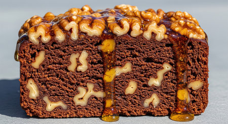 Traditional Albanian dessert shendetlie cake slice with walnuts and honey syrup dripping down, sweet pastry food close up view.の素材