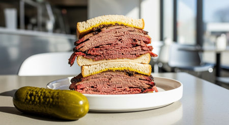 Huge pastrami sandwich halves stacked on plate with pickle on table in sunny modern cafe, showing delicious meat layers.の素材