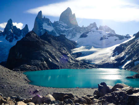 Morning Fitz Roy summit and Laguna Los Trestress in the Patagonia region of Argentinaの写真素材