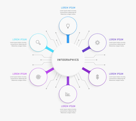 Vector Infographic label design template with icons and 6 options or steps. Can be used for process diagram, presentations, workflow layout, banner, flow chart, info graph.のイラスト素材
