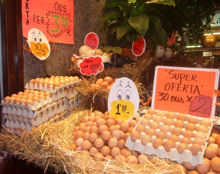 Barcelona, Spain - August 2nd, 2011: Eggs at La Boqueria market in Barcelonaのeditorial素材