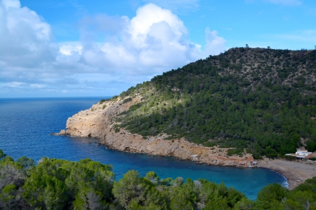 View of Benirras beach in Ibiza, Spainの写真素材