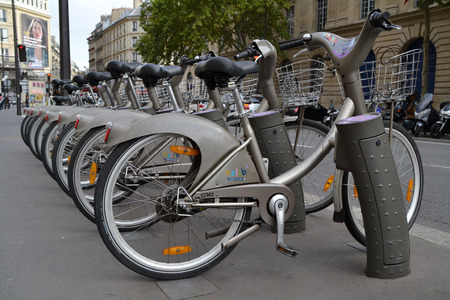 PARIS, FRANCE - OCTOBER 19  Some bicycles of the Velib bike rental service in Paris, France on October 19, 2013  With the bicing sharing service people can rent bicycles for short tripsのeditorial素材