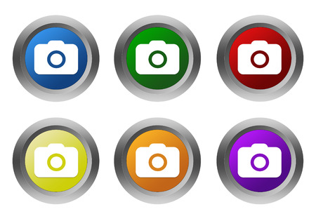 Set of rounded colorful buttons with camera symbol in blue, green, yellow, red, purple and orange colorsの写真素材
