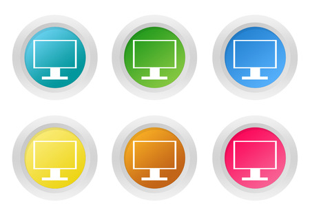 Set of rounded colorful buttons with tv screen of computer monitor symbol in blue, green, yellow, pink and orange colorsの写真素材