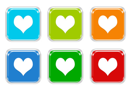 Set of squared colorful buttons with heart symbol in blue, green, red and orange colorsの写真素材