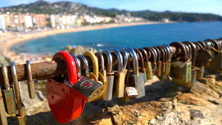 Lock with red heart shape near the beach in Lloret de Mar, Spainのeditorial素材