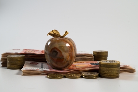 Stone apple and money on a white backgroundの写真素材