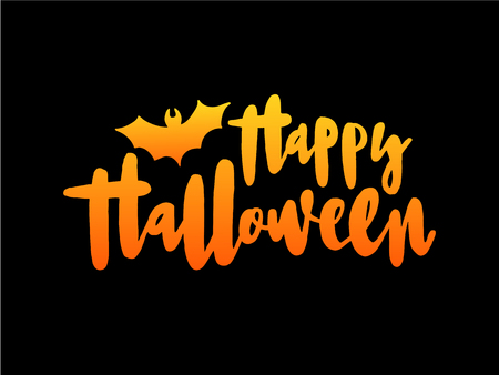 Vector illustration of Happy Halloween with bat, spider and web for banner, greeting card, party invitation, postcard, typography poster.Handwritten lettering. Holiday calligraphy quote on background.のイラスト素材