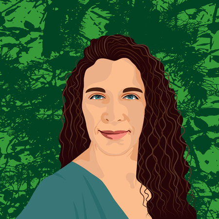 Beautiful woman portrait on green textured background. Attractive female with long curly hair. Vector Illustration EPS 10.のイラスト素材