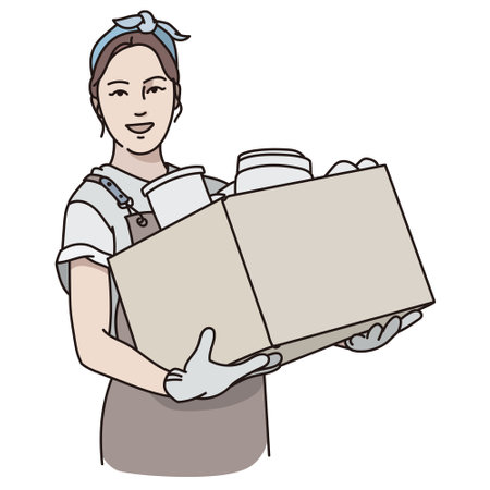 delivery woman holding a box of food, vector doodle illustrationのイラスト素材