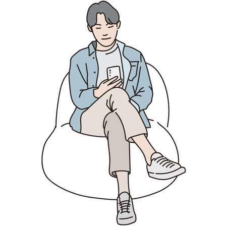 Illustration of a man sitting on a bean bag chair using a smartphoneのイラスト素材