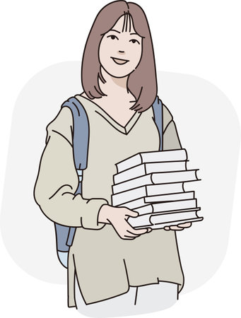 Illustration of a Female Student Holding a Stack of Books and a Backpackのイラスト素材