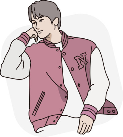 Illustration of a man wearing a jacket and thinking on isolated white backgroundのイラスト素材