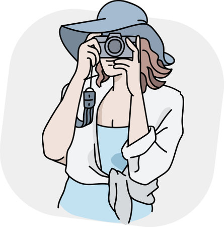 Illustration of a young woman taking a picture with a retro camera