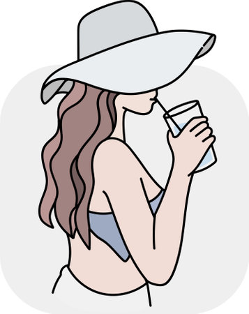 Vector illustration of a girl in swimsuit and hat drinking water from a plastic bottleのイラスト素材
