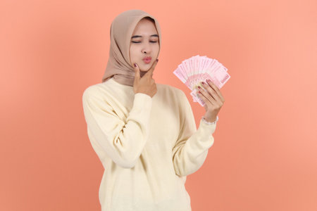 Excited cute beautiful Asian Muslim woman in cream sweater holding cash money in Indonesian rupiah banknotes and holding both chins isolated over peach background. People religious lifestyle conceptの写真素材
