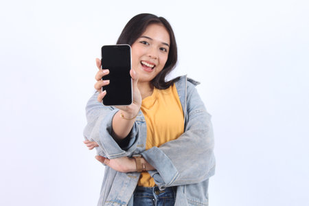 Happy young Asian woman feeling happiness and gesture showing mobile smartphone blank screen on...