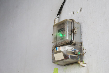 Electric Meter Measures Consumption Accurately on Wall Securely Indoorsの写真素材