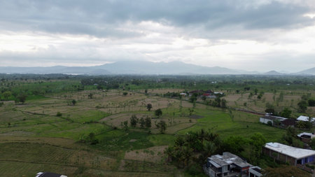 Vast panorama of an agricultural valley in Southeast Asia. A serene, moody scene of farmland and...