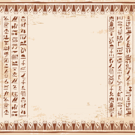 Vector illustration of Egyptian ornaments and hieroglyphs on a beige background with the effect of aging.のイラスト素材