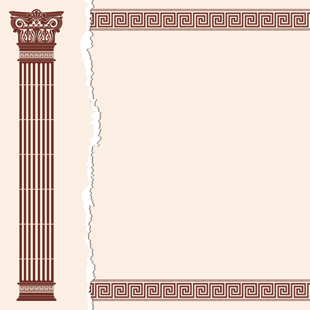 Vector Greek style frame ornament with column. Brown pattern on a beige background.のイラスト素材