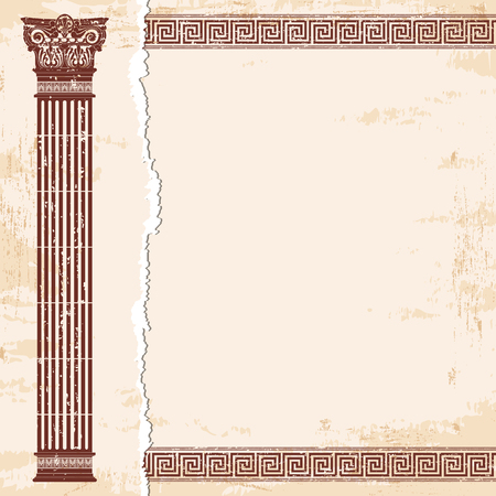 Vector Greek style frame ornament with column and with the aging effect. Brown pattern on a beige background.のイラスト素材