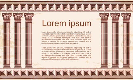 Vector Greek style frame ornament with columns and with the aging effect. Brown pattern on a beige background.のイラスト素材