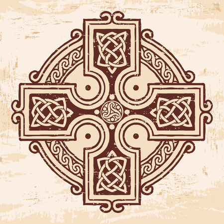 Celtic national ornament in the shape of a cross. Brown drawing with aging effect on a beige background.のイラスト素材