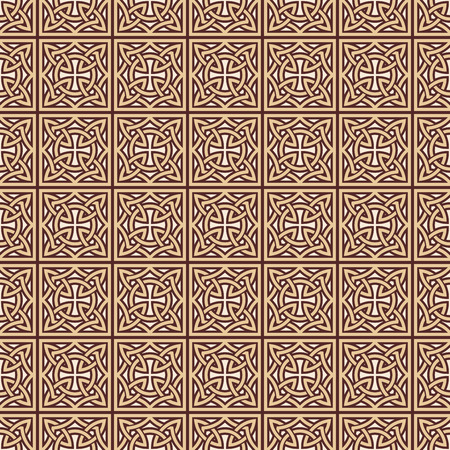 Celtic national ornamental background. Vector seamless drawing. Brown drawing on a beige background.のイラスト素材