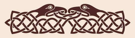 Celtic national ornament. Two birds looking at each other. Brown drawing on a beige background.のイラスト素材