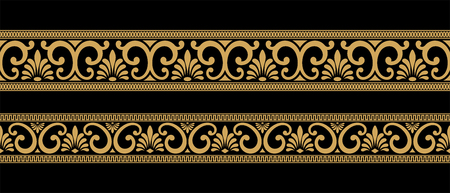 Set of seamless vintage Greek ornament. Golden pattern on a black background.のイラスト素材
