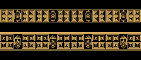 Set of seamless vintage Greek ornament. Golden pattern on a black background.のイラスト素材