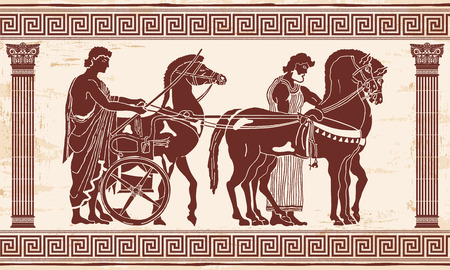 Greek style drawing Pano with national ornament. Warrior in tunic equips horses.のイラスト素材