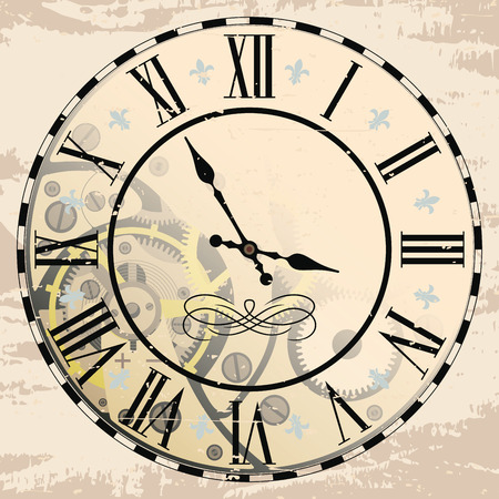 Vintage Roman numeral clock with mechanism. Vector drawing the effect of aging.のイラスト素材