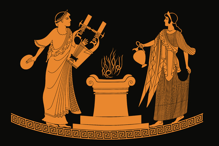 Ancient Greek goddess Aphrodite with a pitcher and god of marriage Hymen with a musical instrument. Drawing isolated on black background.のイラスト素材