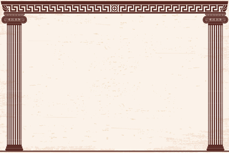 Ancient Greek background with two columns and a national ornament. Old beige papyrus with the aging effect.のイラスト素材