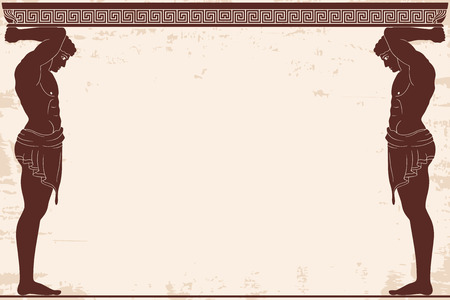 Ancient Greek background with two Atlant and a national ornament. Old beige papyrus with the aging effect.のイラスト素材