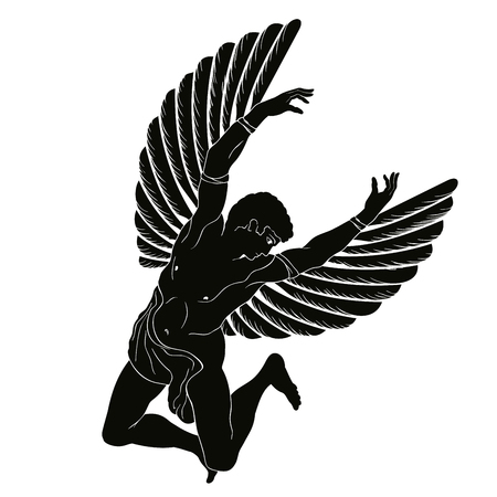 The hero of the ancient Greek myth Icarus with wings flies in the sky. Black drawing isolated on white background