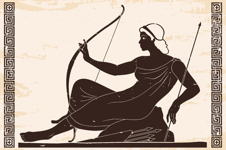 Ancient Greek goddess Artemis with a bow and arrows is in the tunic. Drawing on a beige paryrus with the aging effect.のイラスト素材
