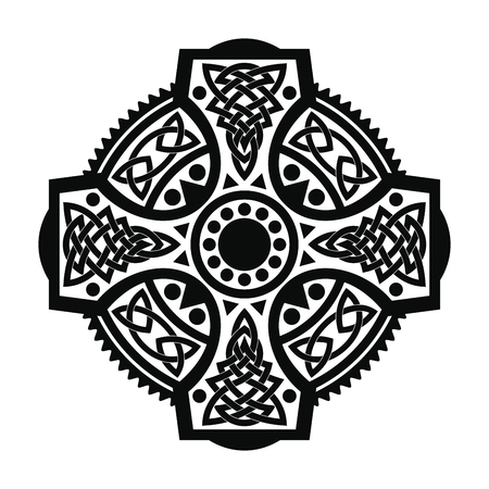 Celtic cross with national ornament as interlaced ribbon and dogs isolated on white background.のイラスト素材