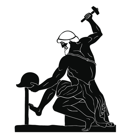 Ancient Greek artisan smith with a hammer and helmet in his hands. Isolated black drawing on a white background.のイラスト素材