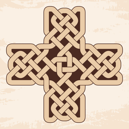 Celtic cross with national ornament as interlaced ribbon on a beige background with an aged effect.のイラスト素材
