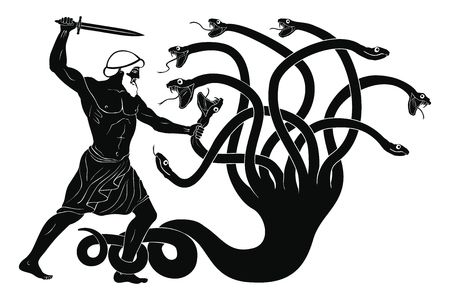 Hercules kills the Lyrna Hydra. 12 exploits of Hercules. Figure isolated on white background.のイラスト素材