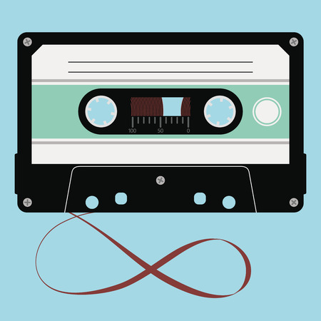 Vector audio cassette with plastic tape in a opaque case isolated on blue background.のイラスト素材