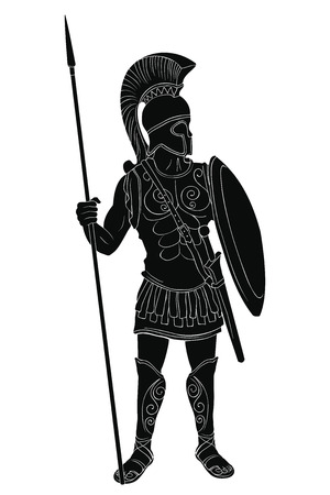Roman Empire warrior in armor and a helmet with a weapon in hand isolated on white background.のイラスト素材