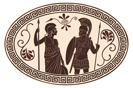 Ancient Roman warrior in armor and Amazon in a tunic and a helmet with weapons in their hands.のイラスト素材